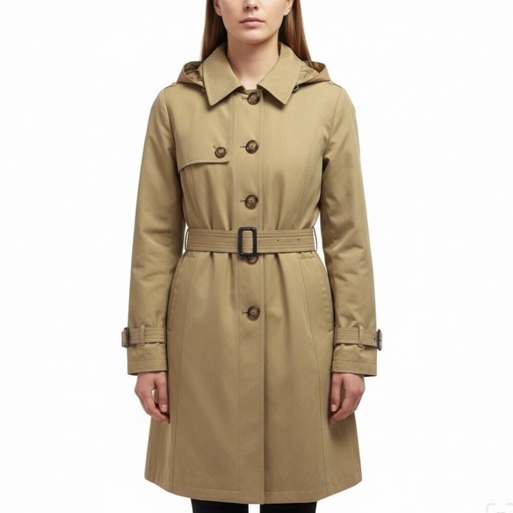 Michael Kors Womens Tan Cotton Blend Belted Trench Coat With Hood Size XL